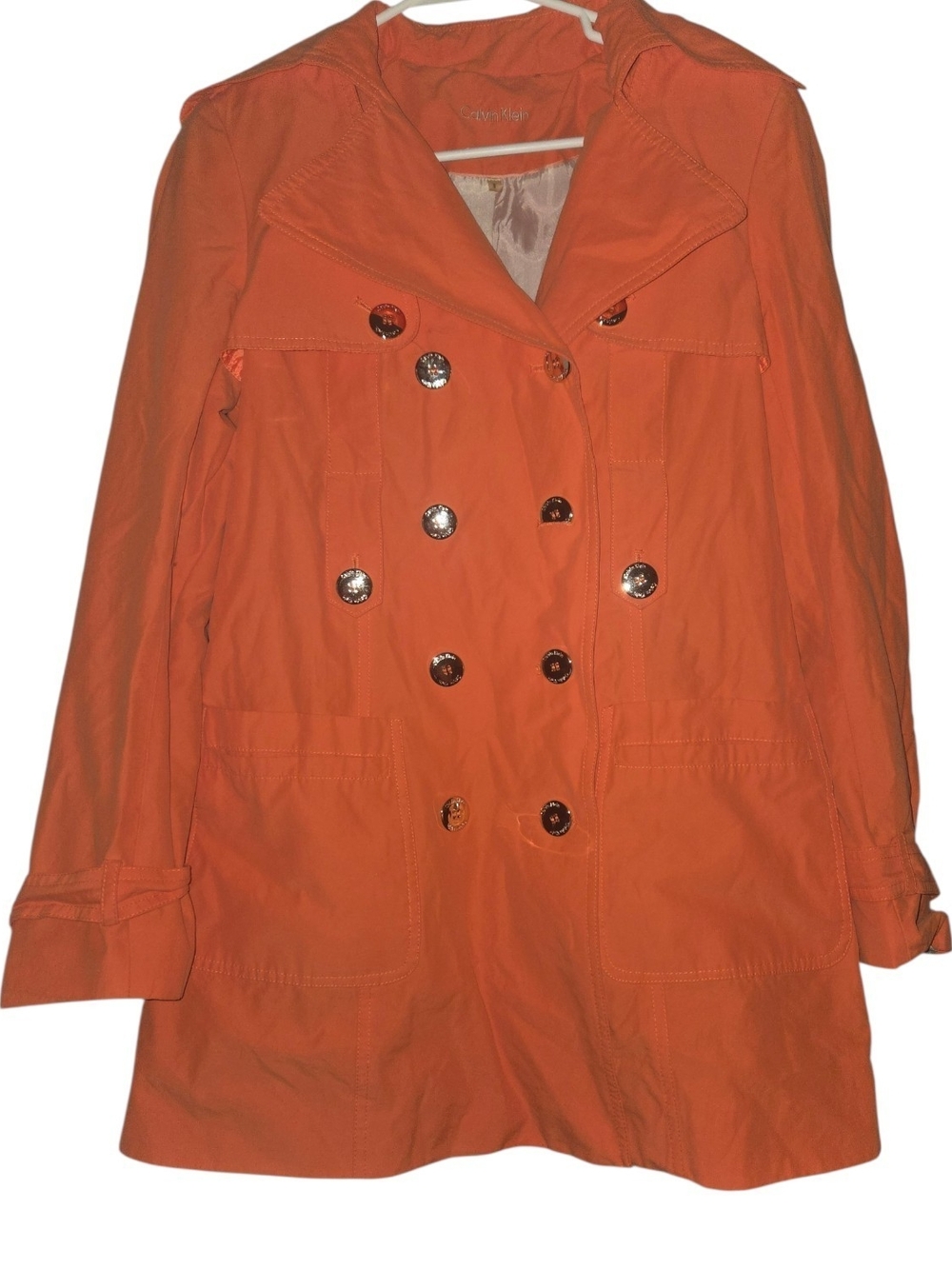 Calvin Klein Bright Orange Double-Breasted Trench Coat Sliver Buttons Size Small